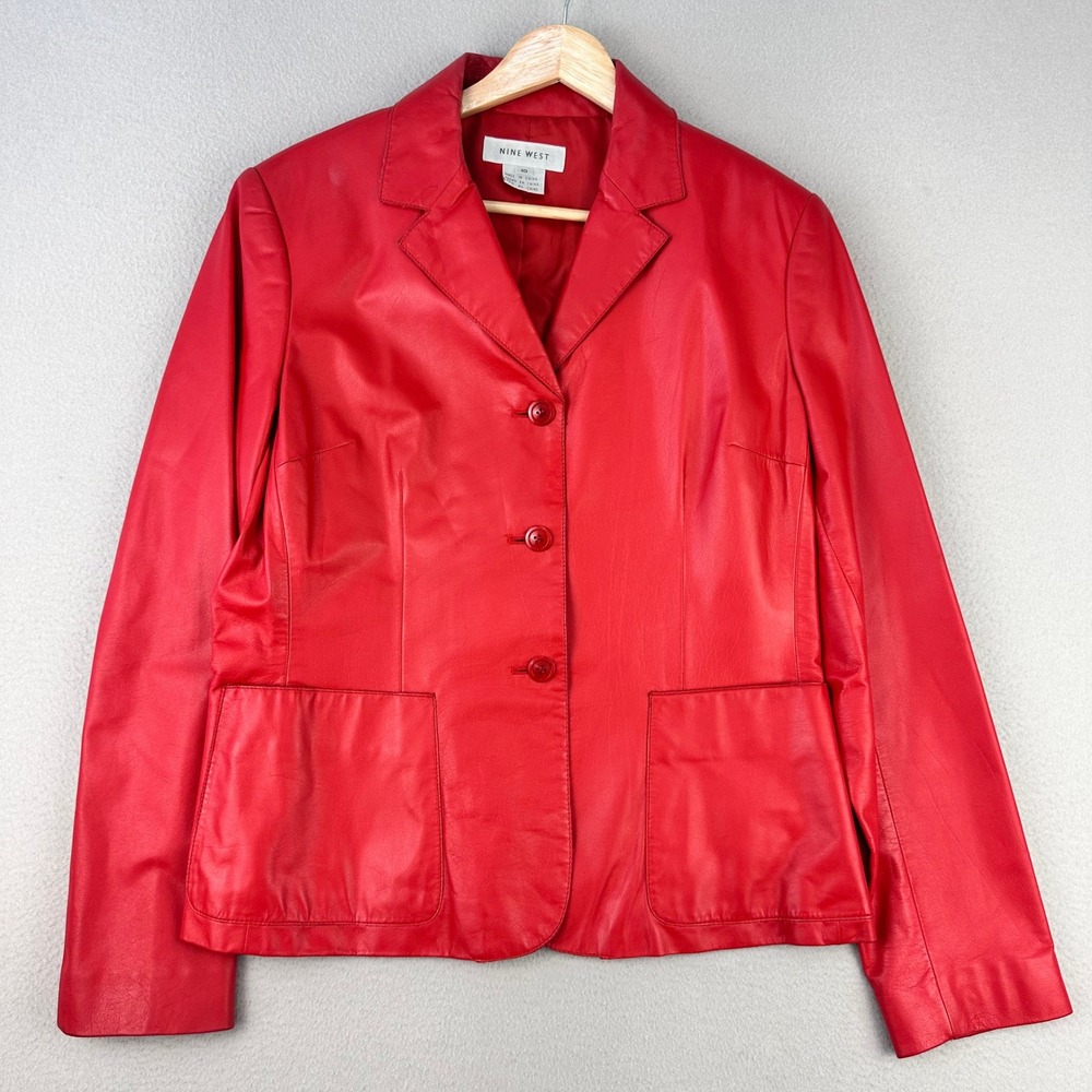 Vintage Nine‎ West Leather Jacket 90s Y2K Womens 10 Red Button Front Lightweight